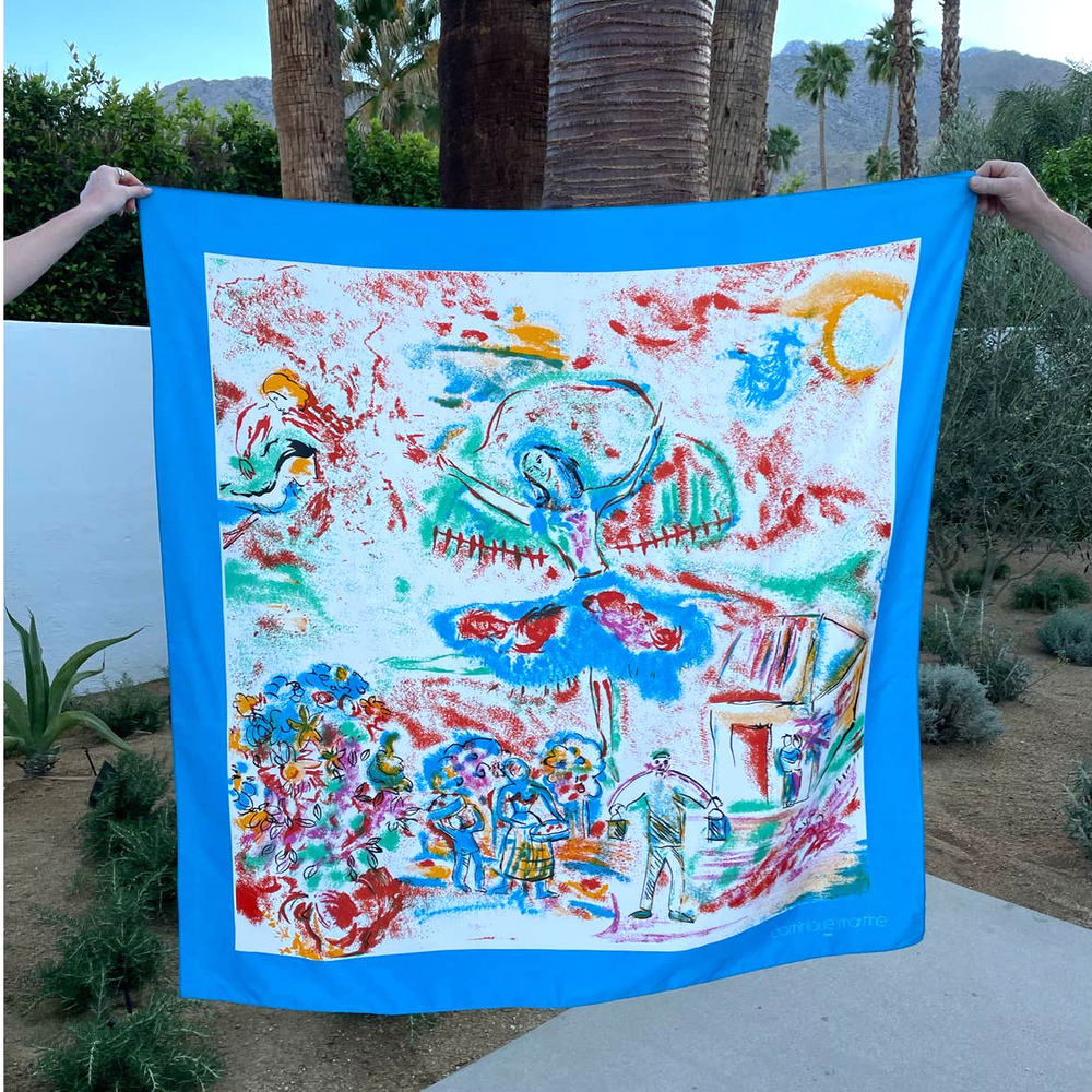 Vintage 80s Dominique Martine Blue Large Sarong Scarf Wrap Square Painted Print